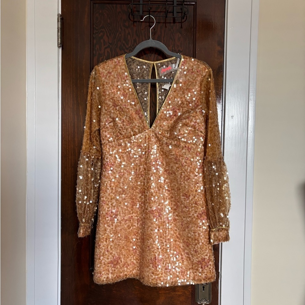 Free People Stars Align Gold Sequin Mesh Long Sleeve Mini Party Dress Women’s